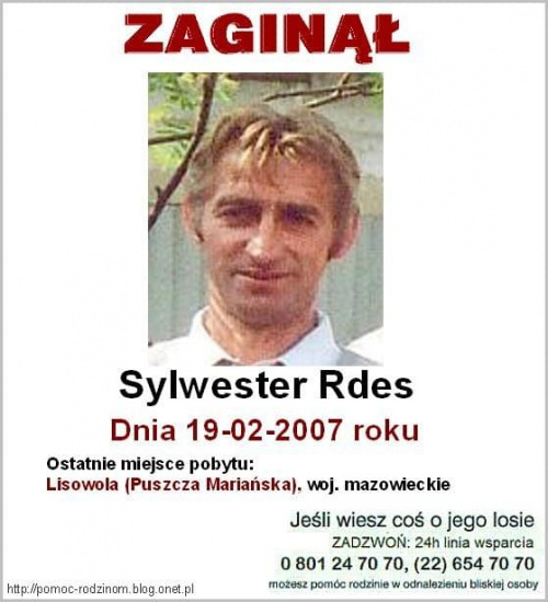 #Lisowola #mazowieckie #PuszczaMariańska #SylwesterRdes #Zaginął #PoszukiwanieOsóbZaginionych #MissingPeople #Aktualności #Zaginieni #Poszukiwani #ProsimyOPomoc #KtokolwiekWidział #KtokolwiekWie #AdnotacjaPolicyjna #Apel #Fiedziuszko #ITAKA
