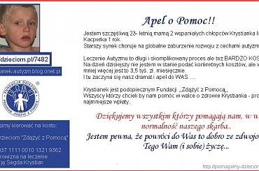 ... #Apel #ChoreDzieci #darowizna #schorzenie #OpiekaRehabilitacyjna #Fiedziuszko #fundacja #PomocCharytatywna #PomocDzieciom #PomocnaDłoń #rehabilitacja #sponsor #sponsoring #KrystianSegda #autyzm #pomagamydbvpl #StronaInformacyjna #ApelOPomoc