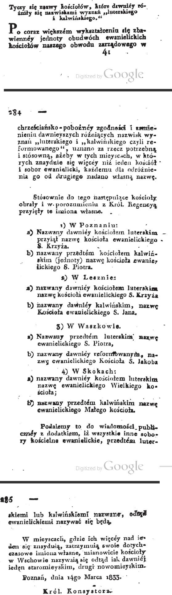 1833 Nowe nazwy kościołów wyznania Kalwińskiego i Luteranskiego