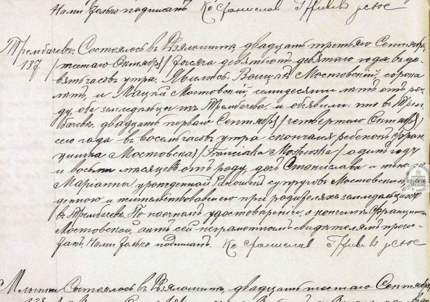 Akt 137 Zgon Franciszek Mostowski rok 1909