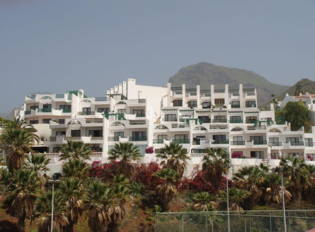 Widok na sąsiedni hotel, a tuz za nimi góry Adeje... #egzotyczne #góry #palma #roślinki #Teneryfa #wulkan